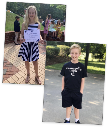 Olivia posing with award from Charlotte Latin and Logan in a Charlotte Latin t-shirt