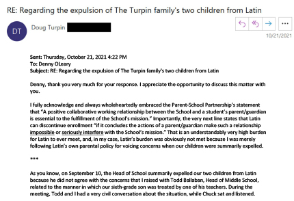 Email screenshot reply from Doug Turpin: Subject: Regarding the expulsion of The Turpin family's two children from Latin